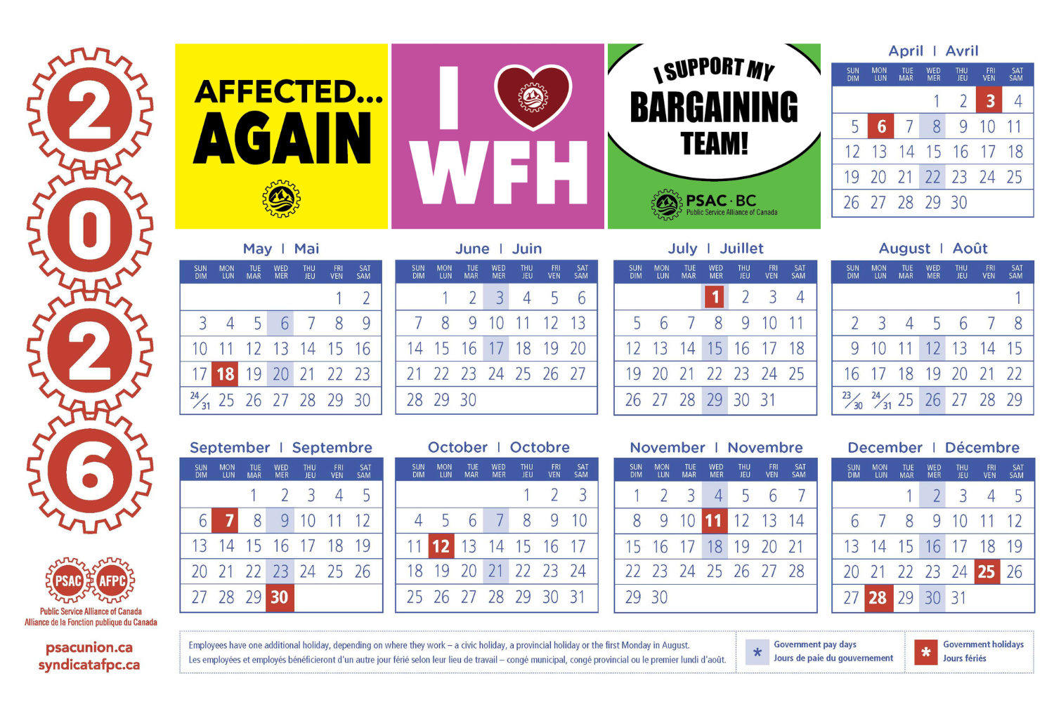 Mockup of PSAC 2026 calendar with three mobilization stickers over the Jan-Mar months.